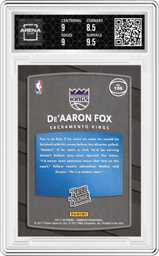 De'Aaron Fox from the 2017-18 Panini Donruss set graded by Arena Club and given an overall grade of 9.