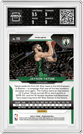 Jayson Tatum from the 2020-21 Panini Prizm set featuring a Orange Ice parallel graded by Arena Club and given an overall grade of 9.