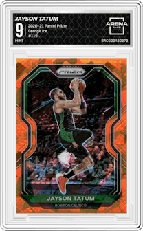 Jayson Tatum from the 2020-21 Panini Prizm set featuring a Orange Ice parallel graded by Arena Club and given an overall grade of 9.