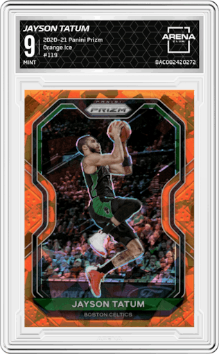 Jayson Tatum from the 2020-21 Panini Prizm set featuring a Orange Ice parallel graded by Arena Club and given an overall grade of 9.