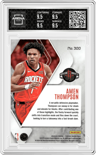 Amen Thompson from the 2023-24 Panini Phoenix set featuring a Silver parallel graded by Arena Club and given an overall grade of 9.5.