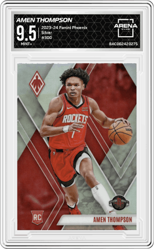 Amen Thompson from the 2023-24 Panini Phoenix set featuring a Silver parallel graded by Arena Club and given an overall grade of 9.5.