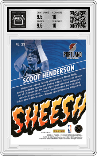 Scoot Henderson from the 2023-24 Panini Hoops Premium Stock set featuring a Premium parallel graded by Arena Club and given an overall grade of 10.