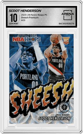 Scoot Henderson from the 2023-24 Panini Hoops Premium Stock set featuring a Premium parallel graded by Arena Club and given an overall grade of 10.