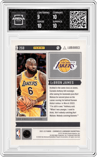 LeBron James from the 2021-22 Panini Chronicles set featuring a Asia parallel graded by Arena Club and given an overall grade of 9.5.