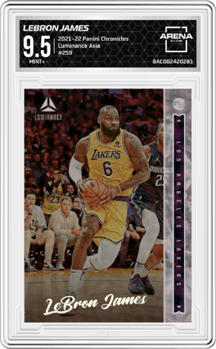 LeBron James from the 2021-22 Panini Chronicles set featuring a Asia parallel graded by Arena Club and given an overall grade of 9.5.