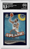 Stephen Curry from the 2023-24 Donruss Optic set featuring a Purple parallel graded by Arena Club and given an overall grade of 9.5.