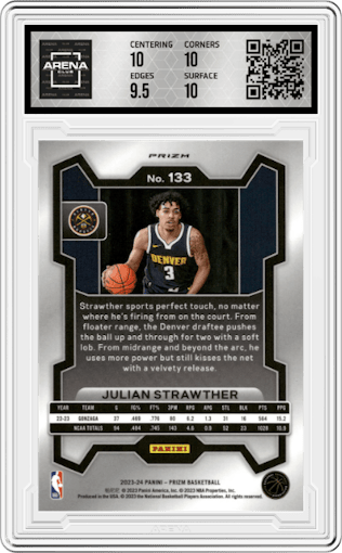 Julian Strawther from the 2023-24 Panini Prizm set featuring a Silver Prizm  parallel graded by Arena Club and given an overall grade of 10.