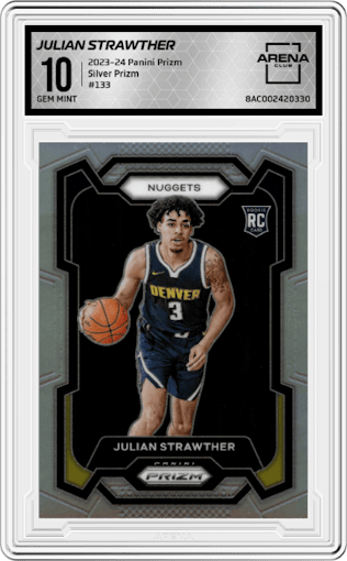 Julian Strawther from the 2023-24 Panini Prizm set featuring a Silver Prizm  parallel graded by Arena Club and given an overall grade of 10.