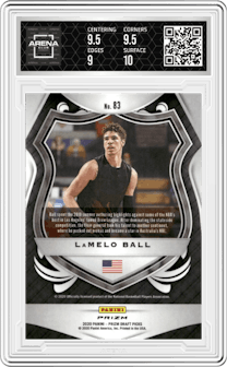 LaMelo Ball from the 2020-21 Panini Prizm Draft Picks set featuring a Red/White/Blue Prizm parallel graded by Arena Club and given an overall grade of 9.5.