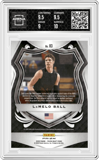 LaMelo Ball from the 2020-21 Panini Prizm Draft Picks set featuring a Red/White/Blue Prizm parallel graded by Arena Club and given an overall grade of 9.5.