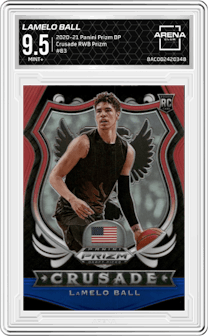 LaMelo Ball from the 2020-21 Panini Prizm Draft Picks set featuring a Red/White/Blue Prizm parallel graded by Arena Club and given an overall grade of 9.5.