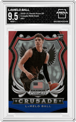 LaMelo Ball from the 2020-21 Panini Prizm Draft Picks set featuring a Red/White/Blue Prizm parallel graded by Arena Club and given an overall grade of 9.5.