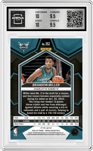 Brandon Miller from the 2023-24 Panini Mosaic set featuring a Green Mosaic parallel graded by Arena Club and given an overall grade of 10.