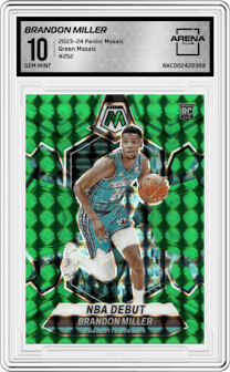 Brandon Miller from the 2023-24 Panini Mosaic set featuring a Green Mosaic parallel graded by Arena Club and given an overall grade of 10.