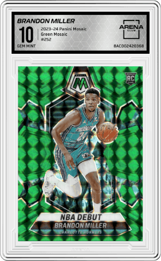 Brandon Miller from the 2023-24 Panini Mosaic set featuring a Green Mosaic parallel graded by Arena Club and given an overall grade of 10.