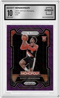Scoot Henderson from the 2023-24 Panini Prizm Monopoly set featuring a Purple  parallel graded by Arena Club and given an overall grade of 10.