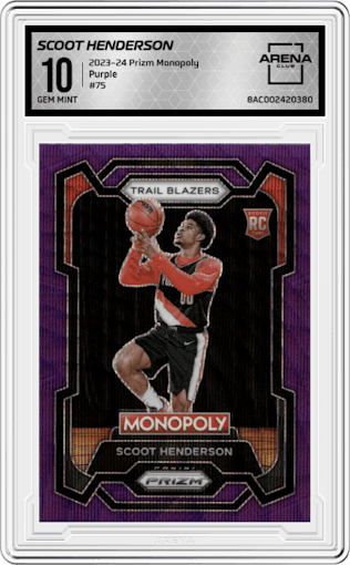 Scoot Henderson from the 2023-24 Panini Prizm Monopoly set featuring a Purple  parallel graded by Arena Club and given an overall grade of 10.