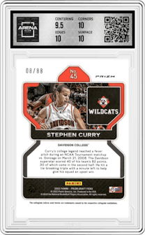 Stephen Curry from the 2022-23 Panini Prizm Draft Picks set featuring a Choice Red parallel graded by Arena Club and given an overall grade of 10.