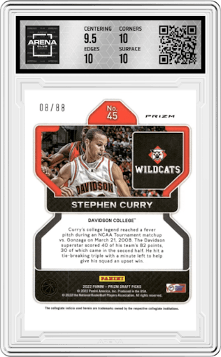 Stephen Curry from the 2022-23 Panini Prizm Draft Picks set featuring a Choice Red parallel graded by Arena Club and given an overall grade of 10.