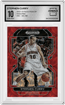 Stephen Curry from the 2022-23 Panini Prizm Draft Picks set featuring a Choice Red parallel graded by Arena Club and given an overall grade of 10.