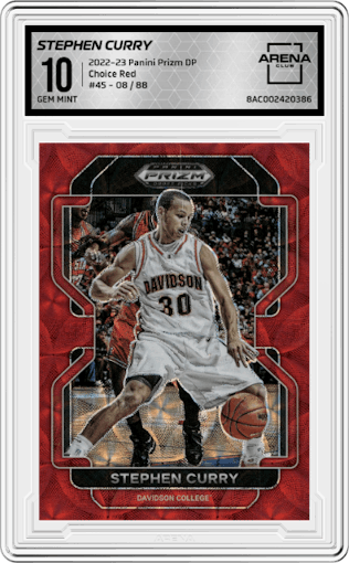 Stephen Curry from the 2022-23 Panini Prizm Draft Picks set featuring a Choice Red parallel graded by Arena Club and given an overall grade of 10.