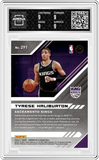 Tyrese Haliburton from the 2020-21 Panini Chronicles set featuring a Asia parallel graded by Arena Club and given an overall grade of 9.