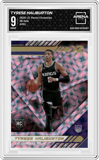Tyrese Haliburton from the 2020-21 Panini Chronicles set featuring a Asia parallel graded by Arena Club and given an overall grade of 9.
