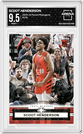 Scoot Henderson from the 2023-24 Panini Photogenic set graded by Arena Club and given an overall grade of 9.5.