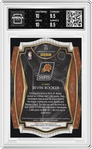 Devin Booker from the 2020-21 Panini Select  set featuring a Die-Cut Orange  parallel graded by Arena Club and given an overall grade of 9.
