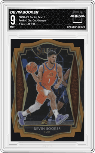 Devin Booker from the 2020-21 Panini Select  set featuring a Die-Cut Orange  parallel graded by Arena Club and given an overall grade of 9.