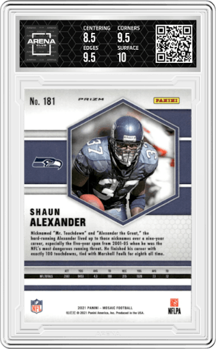Shaun Alexander from the 2021 Panini Mosaic set featuring a White Sparkle parallel graded by Arena Club and given an overall grade of 9.