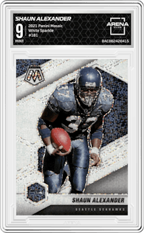 Shaun Alexander from the 2021 Panini Mosaic set featuring a White Sparkle parallel graded by Arena Club and given an overall grade of 9.