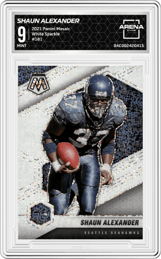 Shaun Alexander from the 2021 Panini Mosaic set featuring a White Sparkle parallel graded by Arena Club and given an overall grade of 9.
