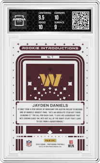 Jayden Daniels from the 2024 Panini Photogenic set graded by Arena Club and given an overall grade of 9.5.