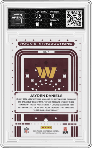 Jayden Daniels from the 2024 Panini Photogenic set graded by Arena Club and given an overall grade of 9.5.