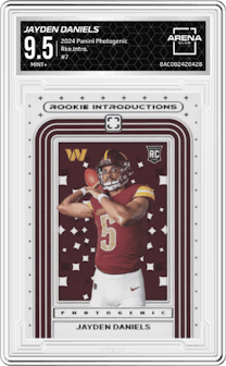 Jayden Daniels from the 2024 Panini Photogenic set graded by Arena Club and given an overall grade of 9.5.