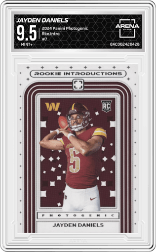 Jayden Daniels from the 2024 Panini Photogenic set graded by Arena Club and given an overall grade of 9.5.