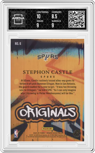 Stephon Castle from the 2024-25 Panini Origins set graded by Arena Club and given an overall grade of 9.