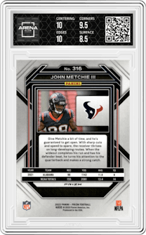 John Metchie III from the 2022 Panini Prizm set featuring a Silver Prizm parallel graded by Arena Club and given an overall grade of 9.