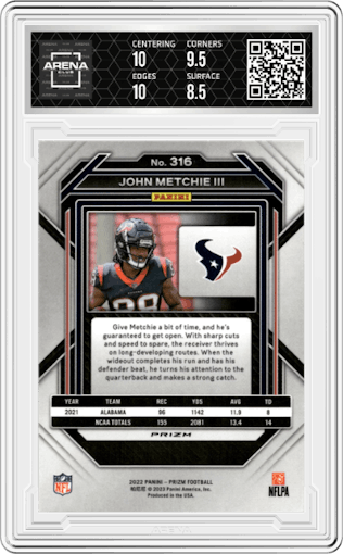 John Metchie III from the 2022 Panini Prizm set featuring a Silver Prizm parallel graded by Arena Club and given an overall grade of 9.