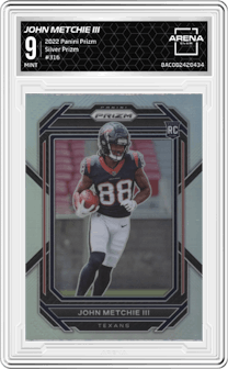 John Metchie III from the 2022 Panini Prizm set featuring a Silver Prizm parallel graded by Arena Club and given an overall grade of 9.