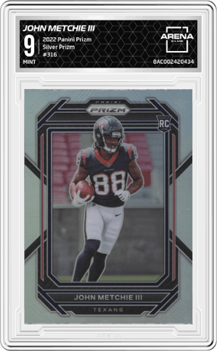 John Metchie III from the 2022 Panini Prizm set featuring a Silver Prizm parallel graded by Arena Club and given an overall grade of 9.