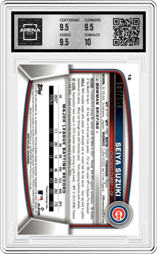 Seiya Suzuki from the 2023 Bowman Chrome set featuring a Blue Refractor parallel graded by Arena Club and given an overall grade of 10.