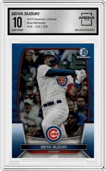 Seiya Suzuki from the 2023 Bowman Chrome set featuring a Blue Refractor parallel graded by Arena Club and given an overall grade of 10.