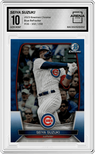 Seiya Suzuki from the 2023 Bowman Chrome set featuring a Blue Refractor parallel graded by Arena Club and given an overall grade of 10.