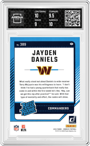 Jayden Daniels from the 2024 Donruss set graded by Arena Club and given an overall grade of 9.5.