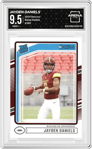 Jayden Daniels from the 2024 Donruss set graded by Arena Club and given an overall grade of 9.5.