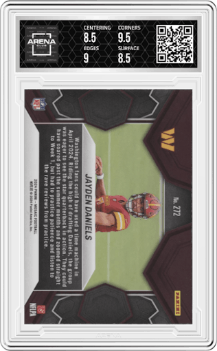 Jayden Daniels from the 2024 Panini Mosaic set graded by Arena Club and given an overall grade of 9.