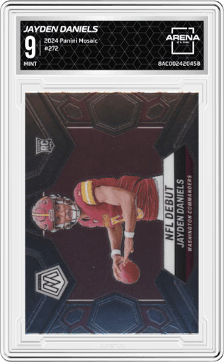 Jayden Daniels from the 2024 Panini Mosaic set graded by Arena Club and given an overall grade of 9.